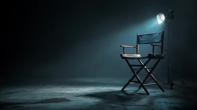 Dramatic spotlight illuminates an empty director's chair on a dark, mysterious stage, evoking film, theater, and show business.