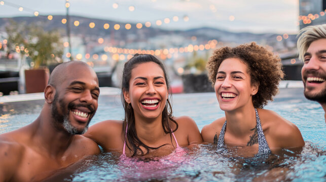 Diverse friends enjoying a fun rooftop pool party, having a great time with big smiles and laughter