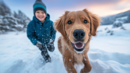 Golden retriever puppy and child joyfully playing, running in a snowy winter landscape with falling snow