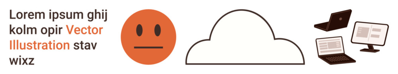 Fototapeta premium Cloud storage, digital communication, technology trends, online networks, remote work, internet data. Emoticon, cloud outline and devices. Cloud storage and digital communication