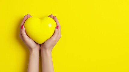 Hands holding a yellow heart, offering love, care, and support on a bright yellow background with copy space