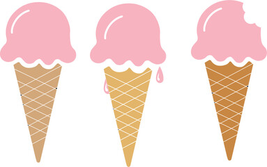 Cute strawberry ice cream cones vector set summer dessert illustrations