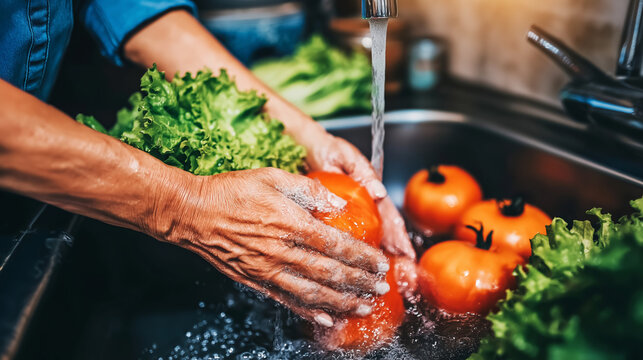 Hands washing fresh vegetables, organic tomatoes and green lettuce under running water in a kitchen sink for a healthy meal - Powered by Adobe