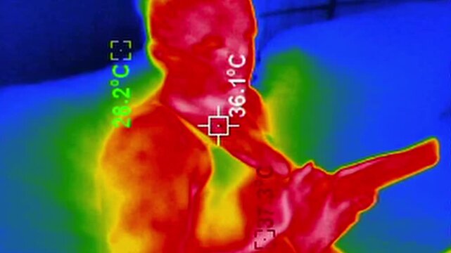 A thermographic scan shows a woman in profile with body heat appearing in red and yellow tones. The on-screen Celsius readings visualize temperature distribution for medical analysis.