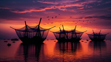 Fishing Boats with Large Nets at Sunset on Calm Water © Designbrisa
