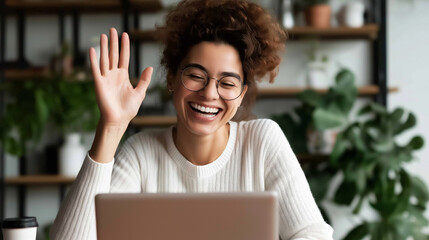 Happy young woman waving hello, smiling widely during a virtual video call on laptop for remote communication