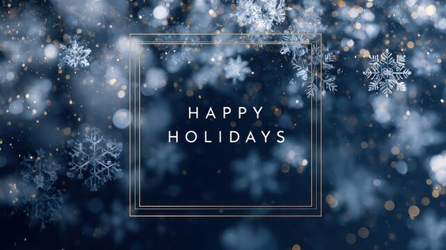 Festive happy holidays greeting with delicate snowflakes and bokeh lights on a dark blue background - Powered by Adobe
