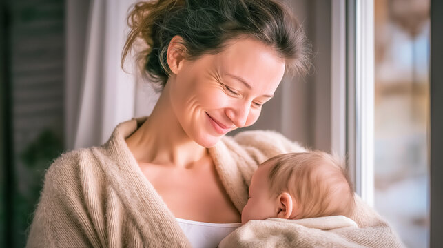 Mother smiling lovingly, holding and comforting infant baby, nurturing bond of new family and motherhood - Powered by Adobe