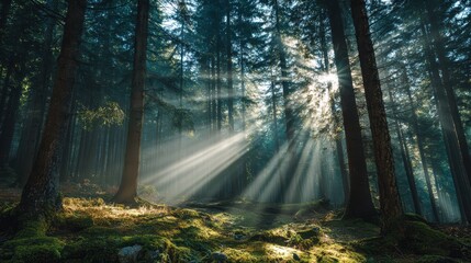 Obraz premium Tranquil Forest Scene: Sunbeams Filtering Through Lush Trees Creating a Serene Landscape