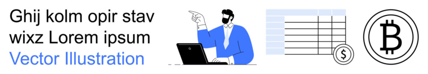 Cryptocurrency, fintech, digital payment, blockchain technology, online banking, financial data. A man gestures at a laptop and a Bitcoin symbol near a chart. Cryptocurrency and fintech