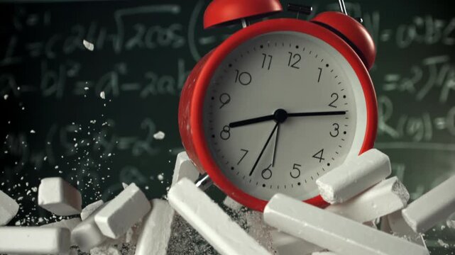 Alarm clock flies with school chalk against the background of the blackboard. Filmed on a high-speed camera at 1000 fps. High quality FullHD footage