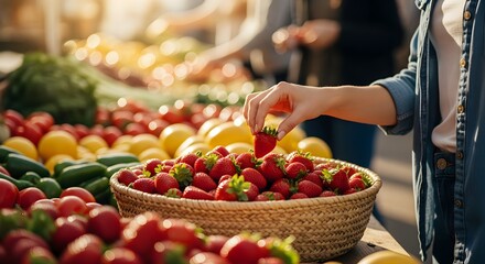 Woman Picking Strawberries from a Basket at a Vibrant Farmers Market in the City