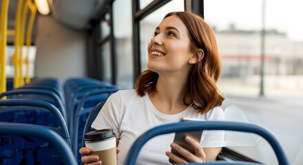 Smiling Woman Holding Coffee And Mobile Phone on Bus Commuting To Work