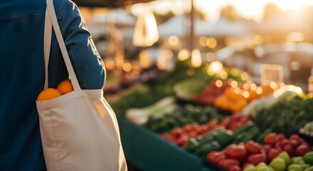 Woman Shopping at an Outdoor Farmer's Market with a Bag Full of Oranges