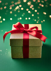 christmas gift boxes with red bow on green background. Christmas or new year 's greeting card.