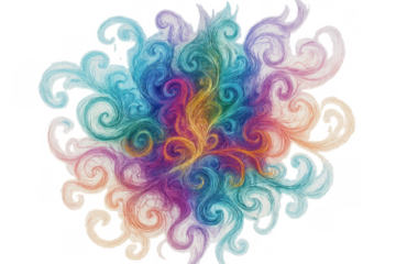 Colorful abstract drawing creating a vibrant mandala pattern with detailed watercolor swirls on transparent background