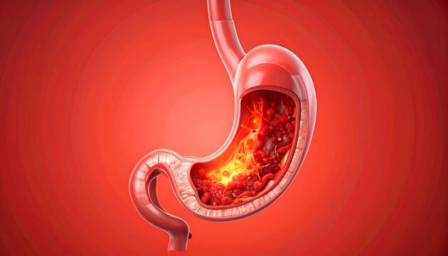 Gastric inflammation visualized: stomach lining showing redness and irritation