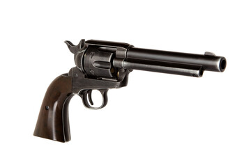 Classic single-action revolver with long barrel and wood grip, isolated on white back