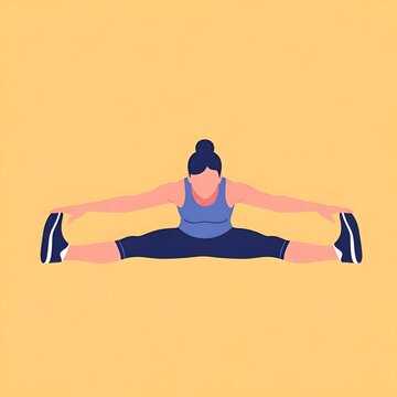 Vibrant flat illustration of a woman in a straddle split pose, emphasizing flexibility and an active lifestyle for fitness and yoga enthusiasts
