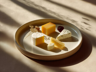 Minimal gourmet cheese tasting plate, soft editorial shadows.