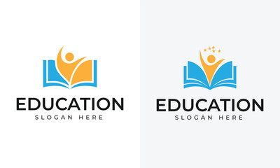 Two blue open books with orange figures reaching up and stars above education learning