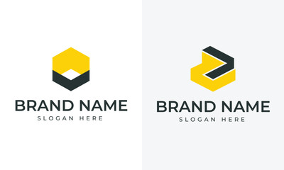 Two abstract geometric logos in yellow and dark gray on white background hexagon symbol