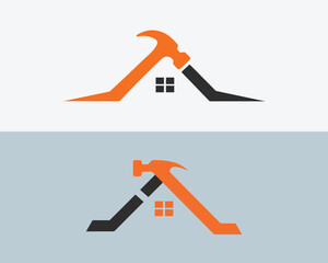 Orange and black hammer icon on abstract house roof shape with window home tool