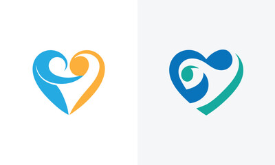 Two stylized heart shapes one blue and orange the other blue and green love symbol