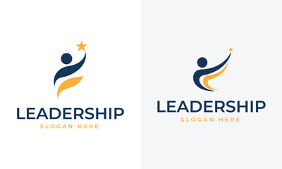 Two abstract human figures reaching for stars with text leadership and slogan here logo