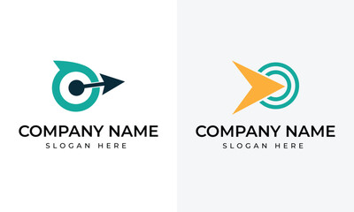 Teal and Orange Arrow Logos with Concentric Circles and Text Placeholders target