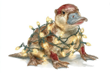 Naklejka premium Watercolor illustration clipart of a single Santa platypus tangled in glowing Christmas lights, isolate on white background