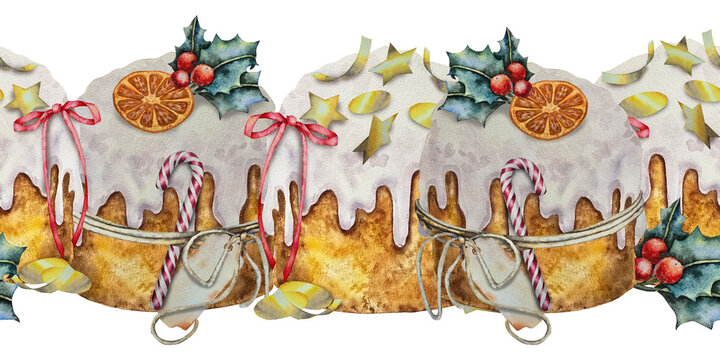 Watercolor seamless border featuring Italian panettone cakes with white icing holly dried orange slices stars ribbons and candy canes. for packaging wrapping menus textiles and winter celebrations. - Powered by Adobe