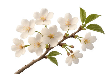 Obraz premium Cherry blossom branch with delicate white sakura flowers and green leaves symbolizing spring and renewal, transparent background