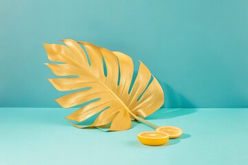 Yellow tropical leaf with lemons. Large yellow tropical leaf on turquoise background with a pair of yellow lemons, vibrant summery composition with bold contrasting colors and playful beach aesthetic.