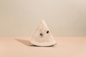 Small triangular white watermelon slice on beige surface, minimal fruit composition with soft warm tones and fresh aesthetic.