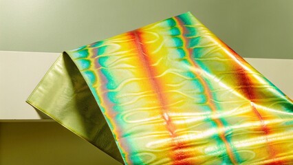 Folded iridescent fabric with wavy rainbow colors on green background, glossy texture, shimmering textile detail with bold vibrant spectrum pattern.