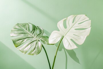 Monstera leaves green and white. Green and white monstera leaves on mint background with soft shadows, botanical modern composition highlighting tropical foliage shapes and delicate light.