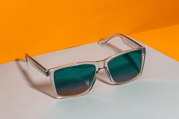 Blue-green mirrored sunglasses on soft pink and yellow background, reflective lenses, clean modern accessory shot with strong color contrast and minimal fashion styling.
