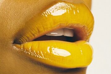 Vibrant glossy yellow lips on warm skin tone against rich ochre background, smooth texture, bold artistic beauty look emphasizing saturated color and shine.