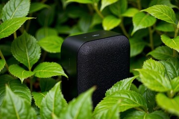 Close-up of a black wireless speaker surrounded by lush green foliage.