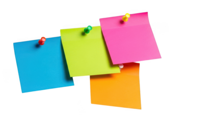 Sticky note arrangement with colorful papers and pins
