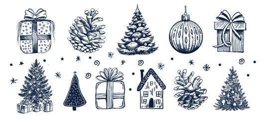 Christmas and New Year blue on white set, Hand drawn illustration.	
