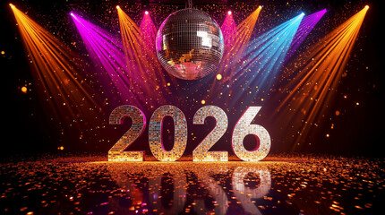 2026, newyear, event, branding, poster, design, layout, typography, celebration, holiday, party, festive, lights, spotlight, disco, ball, glitter, confetti, sparkle, stage, performance, showcase, atmo