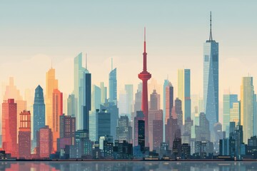 Obraz premium Stylized Cityscape Art Featuring Iconic Landmarks of New York City in Vibrant Colors