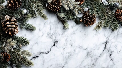 Elegant winter holiday border of frosted pine branches and pinecones resting on a bright white marble background