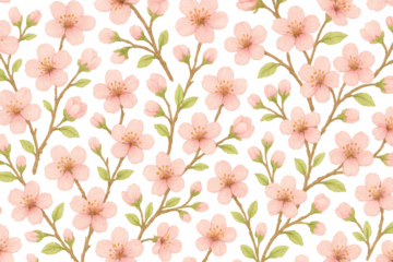 Pink cherry blossom sakura flowers blooming on branches in seamless watercolor pattern, spring floral design element, transparent background