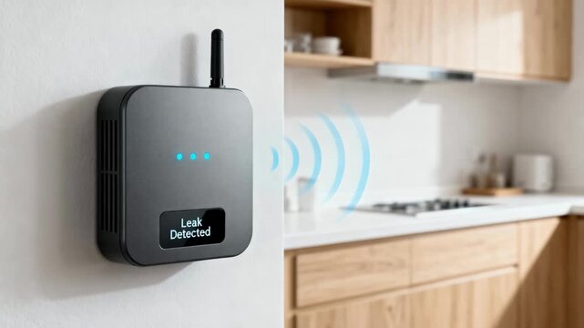 Closeup of a networked leakdetection sensor integrated into a smart home system emphasizing the convenience of wireless data transmission and instant leak notifications
