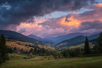 Serenity Unveiled: A Tranquil Evening in the Carpathians with Colorful Clouds and Breathtaking Beauty