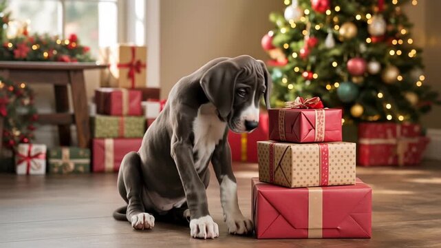 Sweet great dane puppy sitting by Christmas tree with gifts