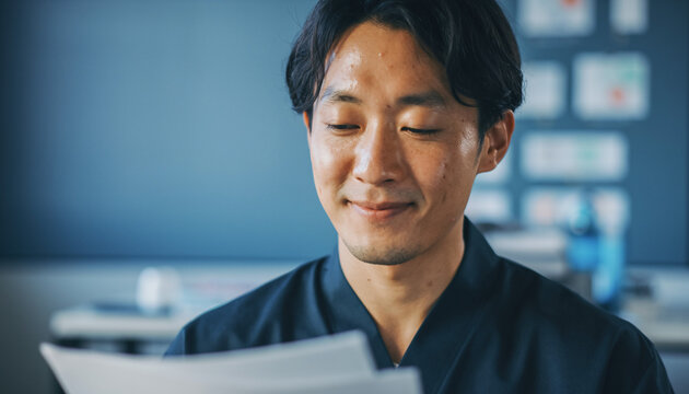 A smiling businessman reads through documents at his desk, suggesting positive results and a light, confident mood.